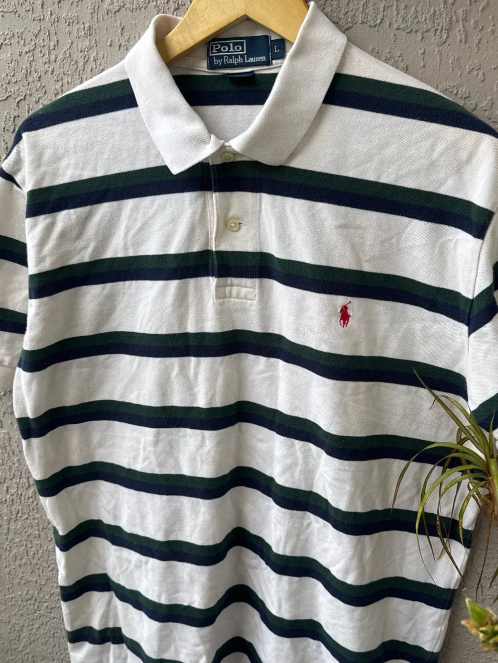 Ralph Lauren White Polo with Green & Navy Stripes and Red Pony